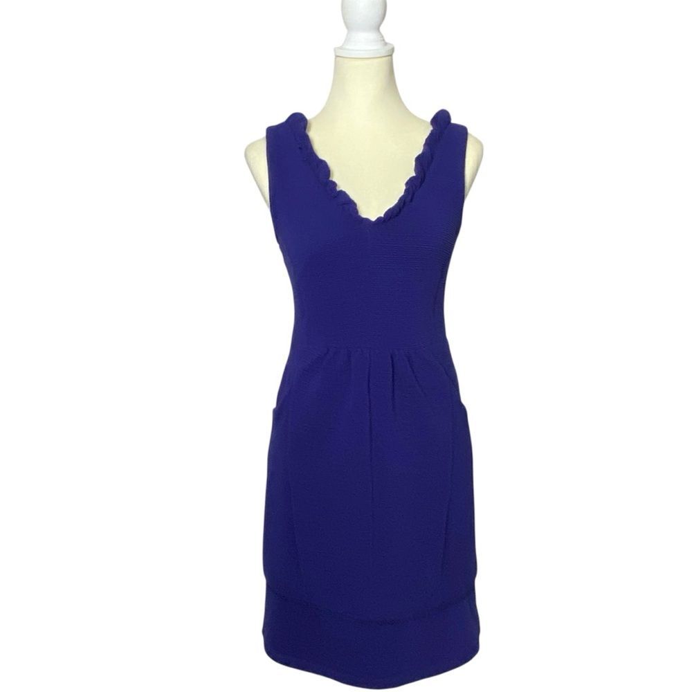 Anthroplogie Maeve Blue Ottoman Sleeveless Ruffle Sheath Dress Womens Size Small